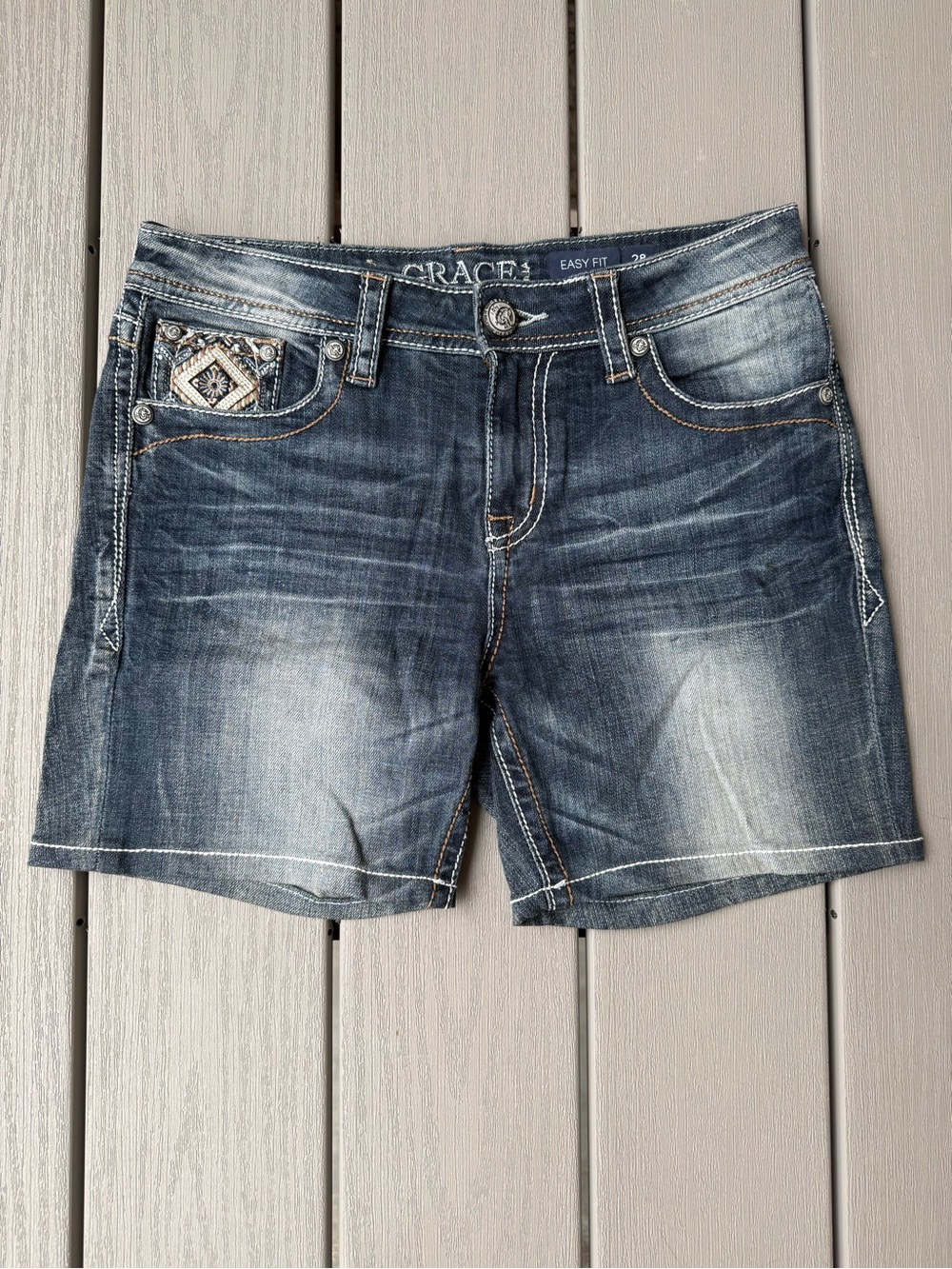 Grace in LA Easy Fit Embellished Denim Shorts Size 28
